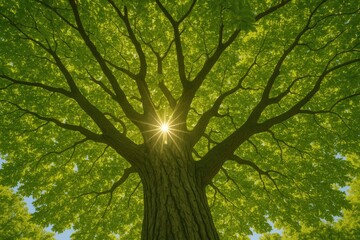 Poster - Bottom-up perspective of a lush tree with dense branches and dappled sunlight filtering through the foliage in summer