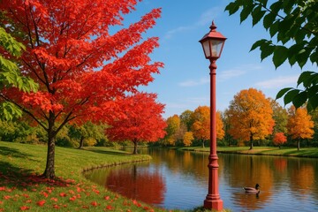 autumn scene showcasing vibrant red and green foliage against a clear blue sky, with vintage street 