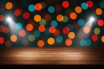Poster - Dual white lighting on wooden platform with vibrant bokeh effects, ideal for showcasing products or presentation ideas