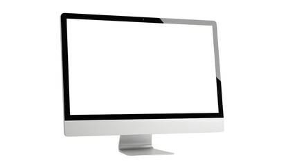 Fototapete - Sleek silver computer monitor stands elegantly against a white background with a blank screen for presentations or design mockups.