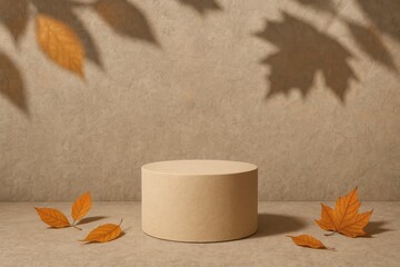 Poster - Autumn-themed backdrop featuring a beige podium and shadowed leaf patterns on a cement wall with a seamless textured stone surface