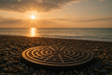 Poster - Sunlight streaming through stone and manhole cover with radiant rays, scenic backdrop and empty space, with selective focus.