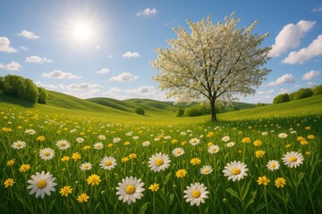 Poster - Vibrant Springtime Landscape with Blossoming Flora and Natural Elements