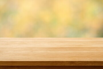 Poster - Minimalist wooden surface with a blurred abstract backdrop, perfect for text or promotional content