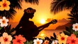© Rung - Silhouette of a woman playing guitar at sunset, framed by tropical flowers and palms