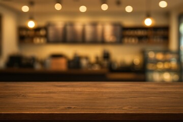 Poster - empty brown wooden table with a blurred coffee shop background featuring bokeh effects, ideal for ph