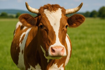 Wall Mural - a red and white cow standing in a grassy field