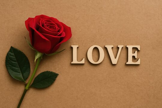 Wooden and rose-themed lettering spelling 'Love' on a rustic paper surface