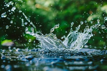 Poster - Stunning crown shaped splash creating droplets and bubbles in a natural pond with a blurred green background