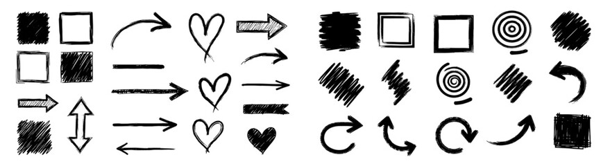 Poster - Black and White Doodle Icon Collection – Arrows, Hearts, Squares, Scribbles, and Spiral Symbols
