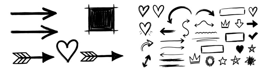 Poster - Arrow brush line hand drawn sketch icon set. Grunge heart, crown, star element scribble line brush hand drawn pencil sketch. Texture chalk, crayon pencil style shapes. Vector illustration