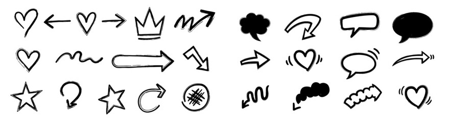 Leinwandbilder - Line marker hand drawn brush arrow element set. Sketch pencil stroke vector graphic pen underline scribble icon. Hand drawn line heart, crown, star symbol highlight marker shape. Vector illustration