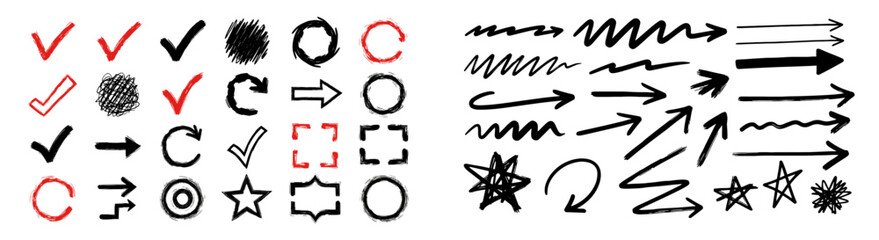 Poster - Line hand drawn brush arrow, check element set. Sketch marker scribble shape checkmark brush pen stroke element. Circle, star graphic icon underline shape vector illustration.