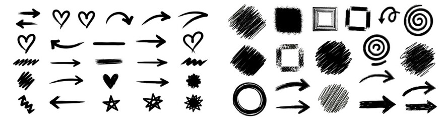 Leinwandbilder - Arrow brush line shape sketch doodle texture set. Grunge heart, circle, arrow, square scribble line brush hand drawn doodle vector set. Texture abstract chalk, crayon pencil style.