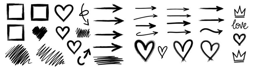 Poster - Line marker hand drawn brush arrow, heart set. Sketch pencil stroke graphic pen underline scribble icon. Hand drawn line square, love symbol crown marker shape. Vector illustration