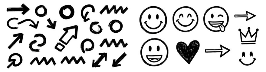 Leinwandbilder - Hand-Drawn Doodle Icon Set – Arrows, Smiley Faces, Hearts, and Crowns in Black and White