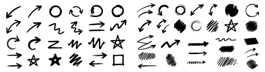 Leinwandbilder - Hand drawn brush line arrow scribble element set. Sketch pen underline texture brush. Hand drawn arrow heart star symbol highlight marker graphic shapes. Vector illustration