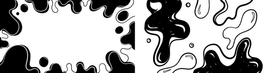 Poster - Shape ink stain splatter art set. Hand drawn sketch doodle black stain, liquid spot. Vector art grunge ink paint mark, brush drop, blot stroke texture shape background illustration.
