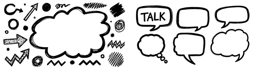 Leinwandbilder - Sketch speech bubble doodle icon element set. Brush line hand drawn sketch, doodle speech bubble in grunge drawing style. Texture chalk, crayon pencil style. Vector illustration