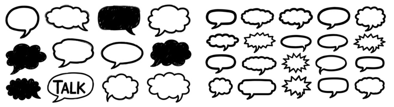 Speech bubble doodle icon comic dialog set. Hand drawn speech text balloon, cloud thinking sketch icon. Fun brush stroke simple art conversation box illustration. Vector illustration