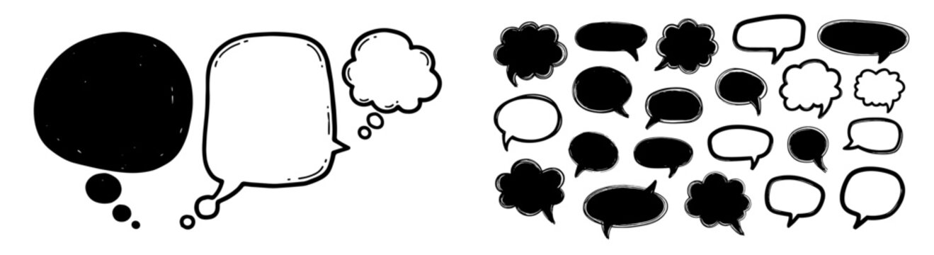 Speech bubble doodle talk frame icon set. Hand drawn speech dialog doodle balloon. Children line comic cloud, thought message element art sketch frame. Vector illustration