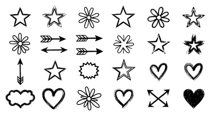 Poster - Hand-Drawn Doodle Icon Set – Stars, Hearts, Arrows, Flowers, and Speech Bubbles in Black and White