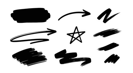 Leinwandbilder - Brush line stroke arrow shape star icon set. Hand drawn scribble paint shape line sketch background. Crayon brush star burst, arrow, zigzag black white background. Vector illustration