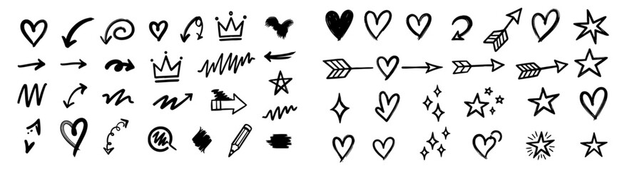 Poster - Line marker hand drawn brush arrow element set. Sketch pencil stroke vector graphic pen underline scribble icon. Hand drawn line heart, crown, star symbol highlight marker shape. Vector illustration