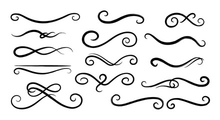 Poster - Line doodle hand drawn brush swirl shape set. Sketch scribble texture brush calligraphy line frame paint effect element. Hand drawn swirl decoration stroke sketch. Vector illustration