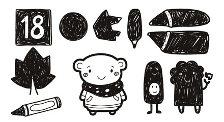 Leinwandbilder - Hand drawn sketch doodle crayon icon set. Cute bear, leaf, monster, crayon, object in colorful kid style. Chalk texture, leaf, face, smile and figure for art or design. Vector illustration