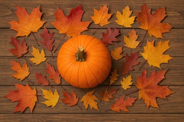 Wall Mural - Autumn-themed pumpkin surrounded by colorful leaves on a rustic wooden surface