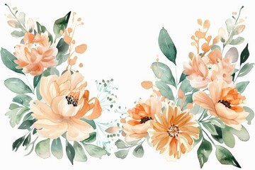 Poster - Soft orange and peach watercolor flowers and green leaves create a beautiful floral arrangement