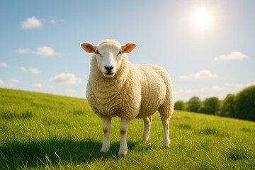 Wall Mural - Lambs grazing peacefully in a lush field under bright sunlight