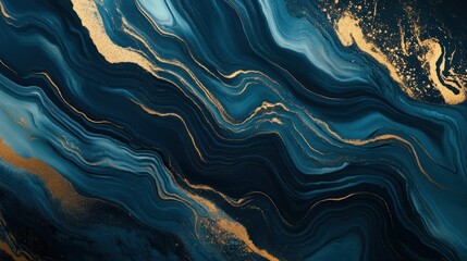 Poster - Abstract design with flowing lines of deep blues and gold accents.
