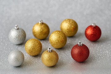 Poster - Festive holiday card featuring shimmering silver, gold, and red glitter spheres on a metallic backdrop