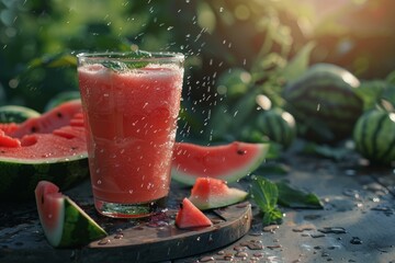 Poster - Freshly squeezed watermelon juice splashing into glass with mint leaves, accompanied by sliced watermelon on rustic wooden table in sunlit outdoor setting