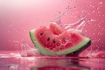 Poster - Two watermelon slices creating a splash as they fall into pink water, perfect for summer and healthy eating concepts