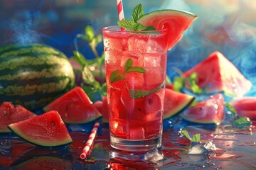 Poster - Watermelon cocktail with ice, mint and sliced watermelon on a colorful background with smoke