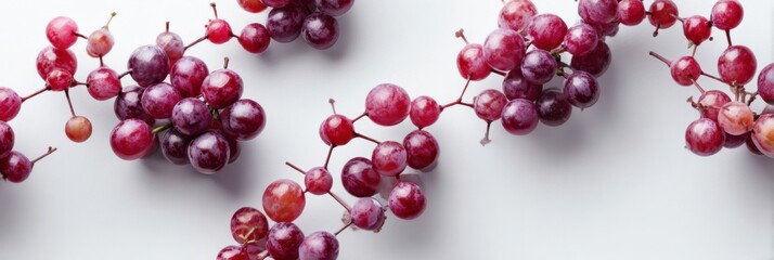 Poster - Clusters of Grapes Arranged to Resemble Molecular Structures on a Soft White Background, Showcasing a Clean and Artistic Layout