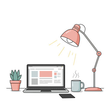 Desk setup with a laptop, plant, lamp, and coffee mug, all in a clean, minimalist style.
