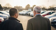 © haris - Two men, possibly a salesman and customer, discuss cars in a dealership lot at sunset.