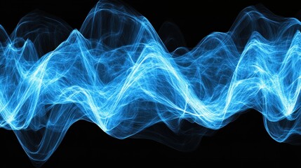 Poster - Abstract design of rippling blue waves on a black background.