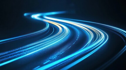 Poster - Blue and yellow light trails curve through a dark space.