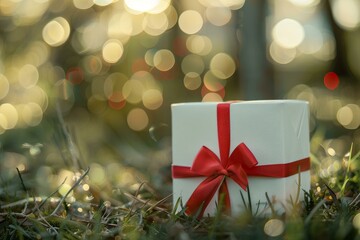 Poster - White gift box with a red ribbon sits on grass, illuminated by a warm, bokeh filled background, creating a festive atmosphere