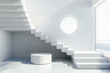 Poster - Modern white staircase design with round window and podium in minimalist interior