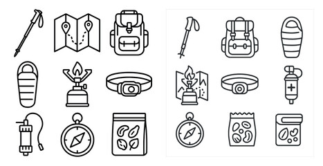 Poster - Set of icons for camping and hiking gear. The icons include a compass, a backpack, a tent, a water bottle, and a first aid kit. The icons are all in black and white and are arranged in a grid