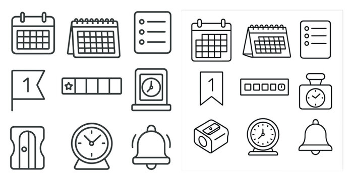 Set of icons for a calendar app. The icons include a clock, a bell, a calendar, and a list