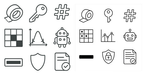 Poster - Set of icons for a computer program. The icons include a key, a robot, a shield, a paper, a robot, a robot, a robot, a robot, a robot, a robot, and a robot