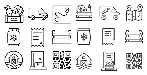 Poster - Series of icons for a farm or grocery store. The icons include a truck, a car, a box, a jar, a bag, a sign, a receipt, a map, a building, a barn, a door, a window