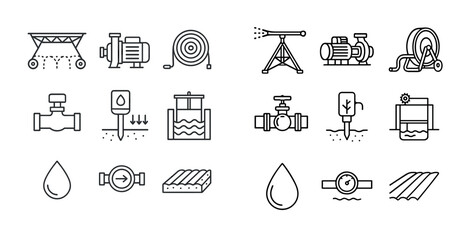 Poster - Set of industrial icons including a pump, a hose, and a water nozzle. The icons are drawn in a simple, clean style